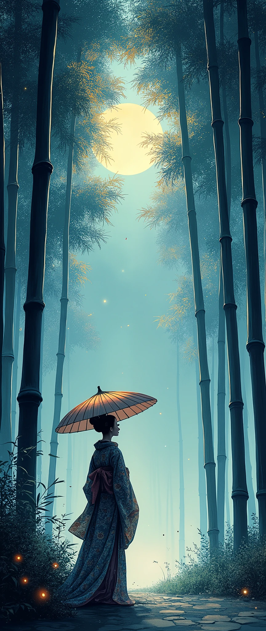 dynamic ink painting of a bamboo grove of japan, black and white,monochrome, great art, great sense of depth, ground level shot, the most beautiful bamboo grove in the world, bamboo leaves shining through rainwater, moon\(pale blue\) with a light overcast, beautiful woman\(ancient Japanese noble, beautiful kimono, beautiful long black hair\) looking up at the moon holding an umbrella,raining softly, fireflies flying around, bamboo leaves are placed three-dimensionally in the foreground, long distance shot