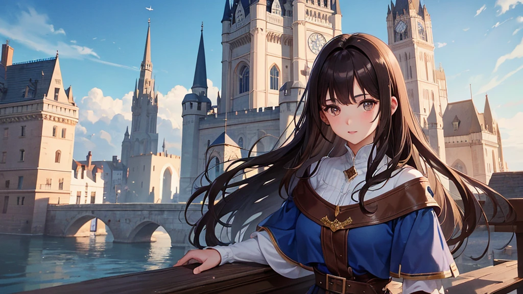 beautiful girl, Dark brown hair, Brown eyes, Beautiful eyes, Fuller lips, middle ages, In the castle town, blue sky