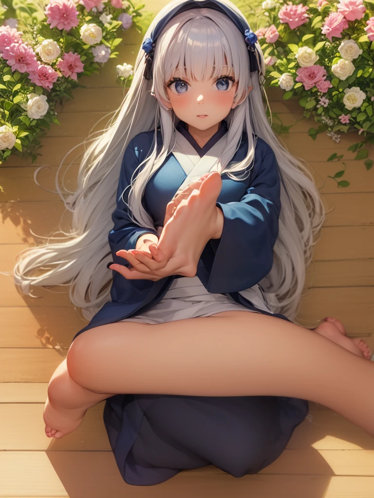 High definition、anime、pastel、watercolor、A pure girl dressed in a shrine maiden's outfit、Flowers sprout from beneath your feet、１８age、Halfred with long silver hair、Full body portrait、I can&#39;t see my feet、Do not show thighs、Wearing clogs、A long, flowing miko outfit、Large eyes like opals、Powerful eyes、Dance dedicated to the gods