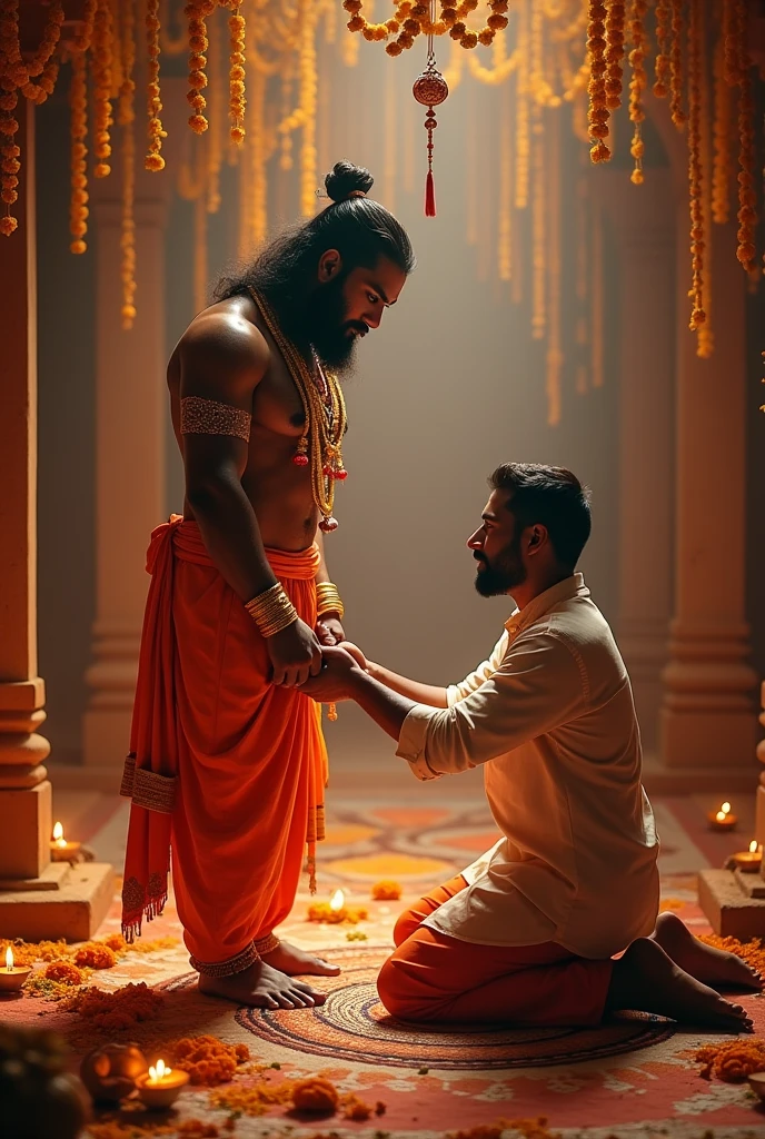 A man tie rakhi to Hanuman