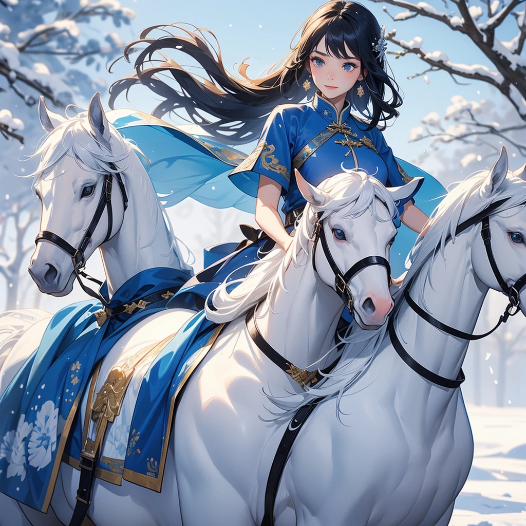 A beautiful female general holding a big spear in an ancient blue Chinese general costume, Riding a white horse in the middle of a snowstorm, white snow is falling, The sun shines and the sun rises, close up, The trees are covered in white snow, The snow is falling.