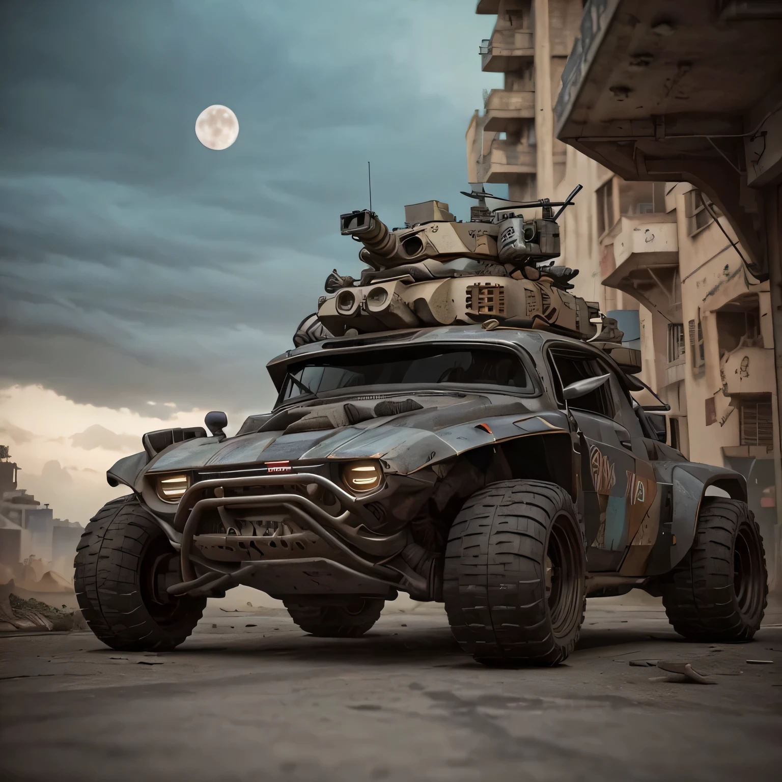 GoPro Shot From One (Cyberpunk Light Tank) Geeks, 3/4 Vista Frontal, Wide-angle action shots, Post-apocalyptic, 屋outside, night, path, destruction,  De-airing, outside, Full moon in the background, Master Parts, Realistic, 8k, Attention to detail, Dark Theme,　