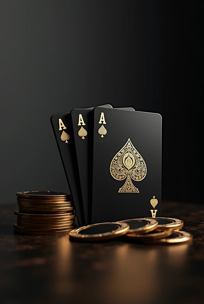 generate 8k images in pdf format for cell phone background of golden deck with black background mixed with gold But something simple with the deck cards in black and the symbols in gold but only with the 4 A's simple background in black half gray with poker chips in black with gold at the base of the cards as if the cards were on a table and the poker chips at the bottom of it with the top view of the cards