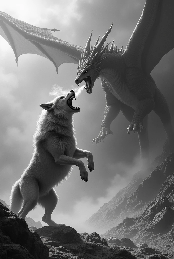  in black and white a giant angry wolf fighting a dragon 
