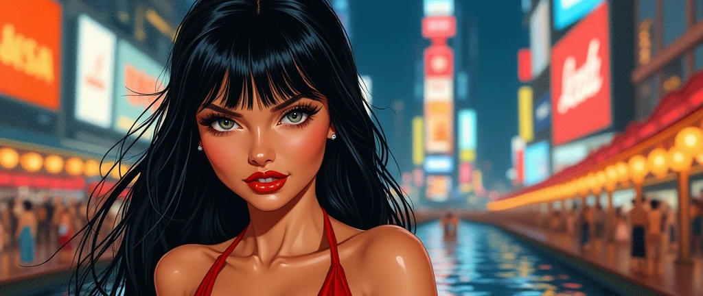 High-quality realistic acrylic art, vivid colors, a beautiful vintage european woman with long black straight hair, bangs, looking at the viewer with suspicious face and a shy smile, red lips, wearing red slingshot swimsuit , big city background