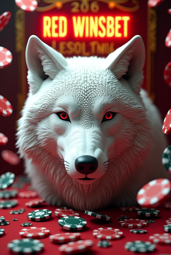 White 3D wolf with mandalas on the face in 3d that is only the face  , with casino chips flying in the air that have a 3D phrase as a sign standing in gold large letters "RED WINSBET" and down "RESP SOL TRIK"