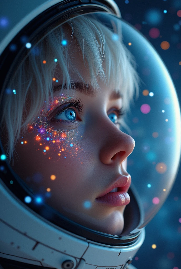 (Close-up of a better masterpiece:1.5)0.9], (Space and astronauts:1.2) (Messy silver hair:1.1) (Heterochromia xanthochromia and blue eyes:1.2) (Space Helmet:1.0) (Colored stars in the eyes:1.0) (A radiant glow:1.1) (thick lips:0.9)