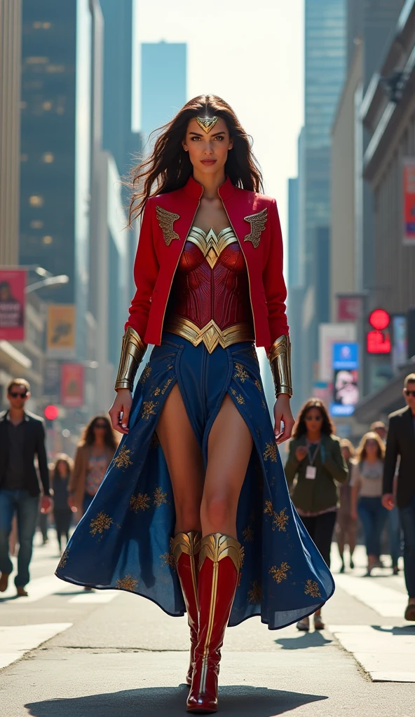 A awe-inspiring urban portrait of an imposing, elegant white woman, it seamlessly blends elements of the Wonder Woman suit into everyday wear. The model wears a stylish light red jacket adorned with designs reminiscent of the iconic Wonder Woman suit, perfectly in harmony with a deep blue skirt that displays the suit's distinctive pattern. Her posed walking posture and active expression summed up the essence of the model. The vivid, dynamic, bustling urban landscape, with towering skyscrapers and many pedestrians, serves as a fascinating backdrop, inspiring strength and interest in the scene.