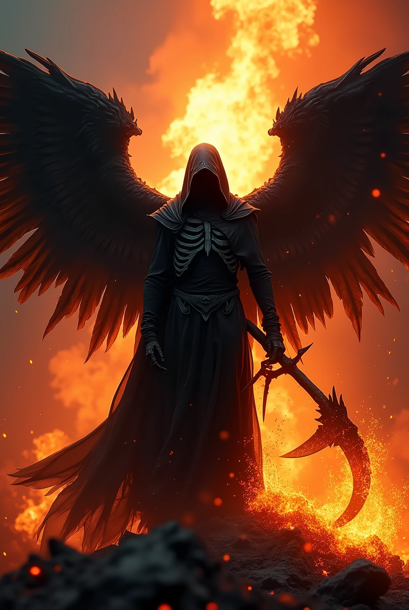 Create a detailed and dramatic logo featuring a menacing "Death Angel" at the center. The angel should have dark, tattered wings, with a haunting and ethereal aura. Its face is partially obscured by a shadowy hood, and its skeletal hands hold a burning scythe. Surround the figure with intense, realistic flames that rise behind and around it, engulfing the background in shades of red, orange, and black. The flames should create a powerful and chaotic scene, yet allow the angel to stand out as the focal point. Make sure the overall feel is dark, intense, and foreboding, with an otherworldly atmosphere that fits the theme of "Death Angel." Include subtle elements of ash and smoke to enhance the realism of the fire. This logo will represent a YouTube channel