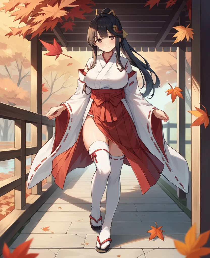 1girl, solo, long hair, breasts, looking at viewer, blush, smile, bangs, skirt, large breasts, black hair, hair ornament, thighhighs, long sleeves, ribbon, brown eyes, closed mouth, standing, hair ribbon, ponytail, sidelocks, outdoors, japanese clothes, wide sleeves, kimono, white thighhighs, leaf, sandals, high ponytail, ribbon trim, hakama, hakama skirt, pelvic curtain, ribbon-trimmed sleeves, white kimono, miko, tabi, red hakama, autumn leaves, maple leaf, autumn, ribbon-trimmed legwear