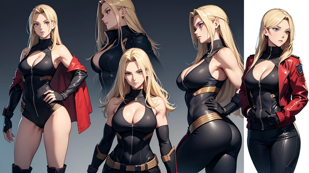 Jill Valentine stands confidently, her long blonde hair flowing behind her like a golden cape. She wears a sleek red jacket adorned with futuristic tech equipment and tank top showcasing her toned physique and subtle cleavage. Tall boots and military pants complete her edgy ensemble. From various angles, Jill's pose exudes strength: front shot highlights her determination, back view showcases her agility, side profile reveals her athletic build. A dog tag hangs prominently around her neck, a symbol of her resilience. Character sheet and model sheet reference this iconic character's bold presence.