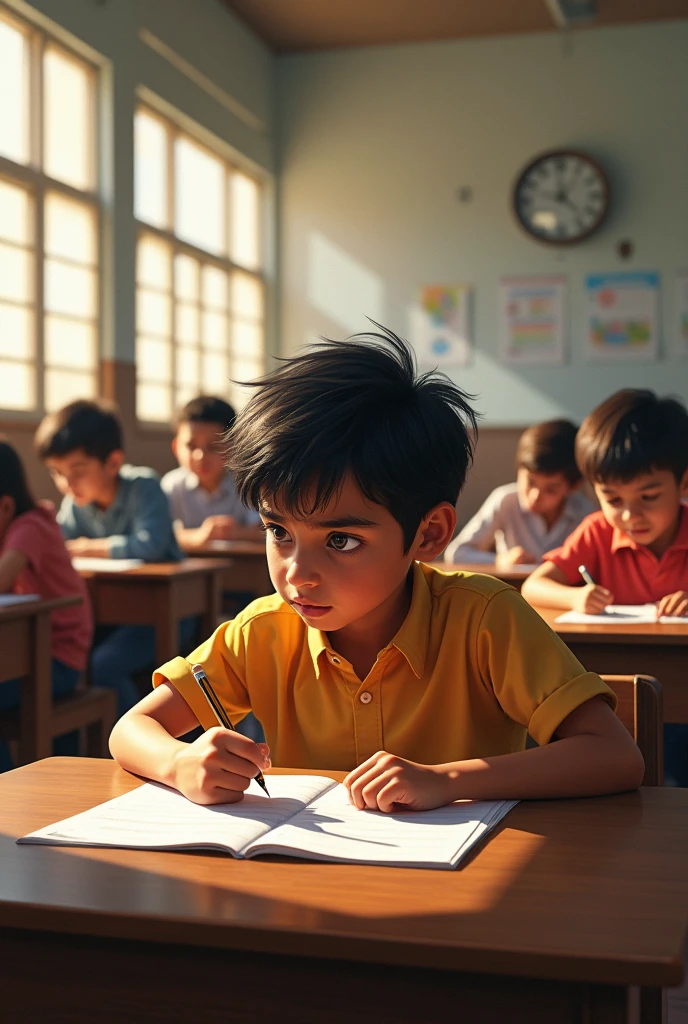 A boy name tushar sitting in exam hall with tension
