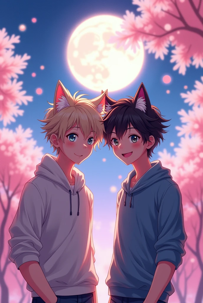 Two anime-style boys, full body nude, with light skin and cat ears sticking out over their hair. (furry)