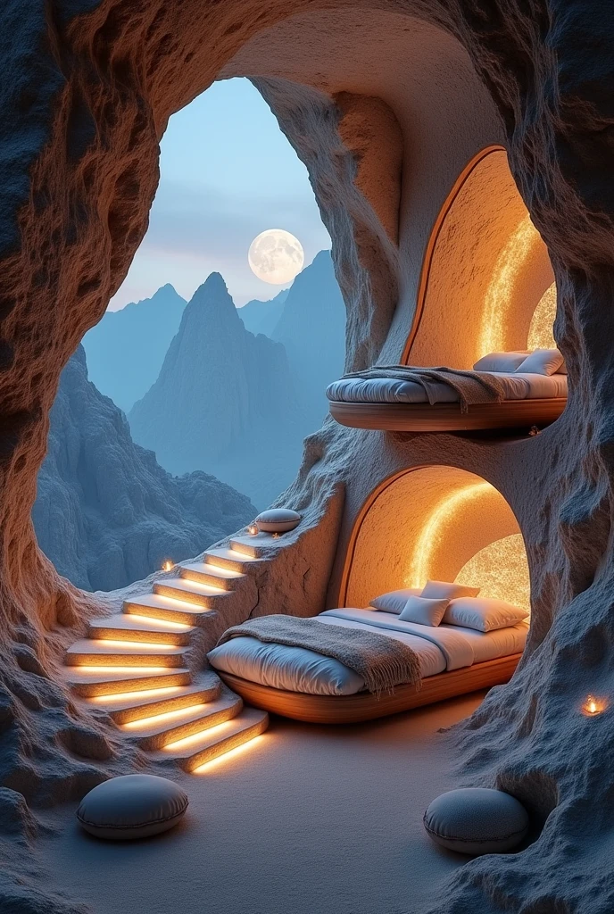 Picture a futuristic bedroom carved into the side of a mountain, with two pod-style beds embedded into the rock walls, one above the other. The beds are lit with soft, warm lighting that highlights the natural stone textures around them, and the bedding is a mix of plush pillows and thick, woven blankets. The room has a large, curved window carved out of the rock, offering a breathtaking view of a mountain valley bathed in moonlight. A winding stone staircase, with each step illuminated from underneath, leads up to the top bed. The ceiling features tiny, glowing crystals that create the effect of stars twinkling in a night sky. The floor is covered with a soft, sandy material, and round, cushioned seats are placed throughout the room, allowing you to sit and enjoy the peaceful, cave-like atmosphere while feeling connected to the surrounding mountains.