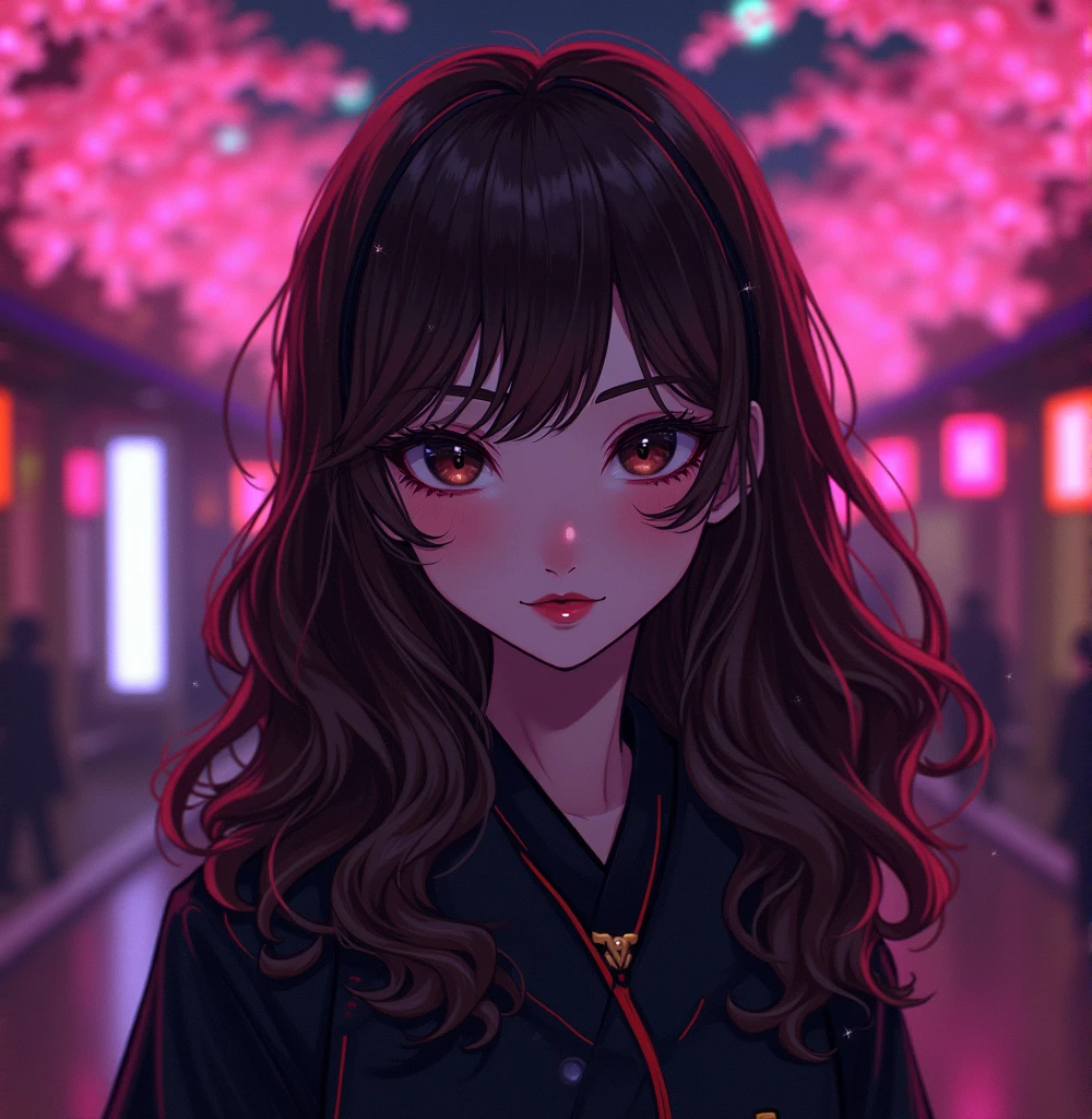 Create an avatar of a girl gamer, white skin with wavy brown hair, pink lips, Brown eyes. Japanese themed background with black as the dominant color, fuchsia, purple.