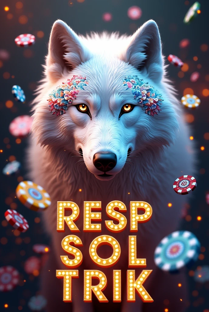 White 3D wolf with mandalas on the face in 3d that is only the face  , with casino chips flying in the air that have a 3D phrase as a sign standing in gold large letters "RED WINSBET" and down "RESP SOL TRIK"