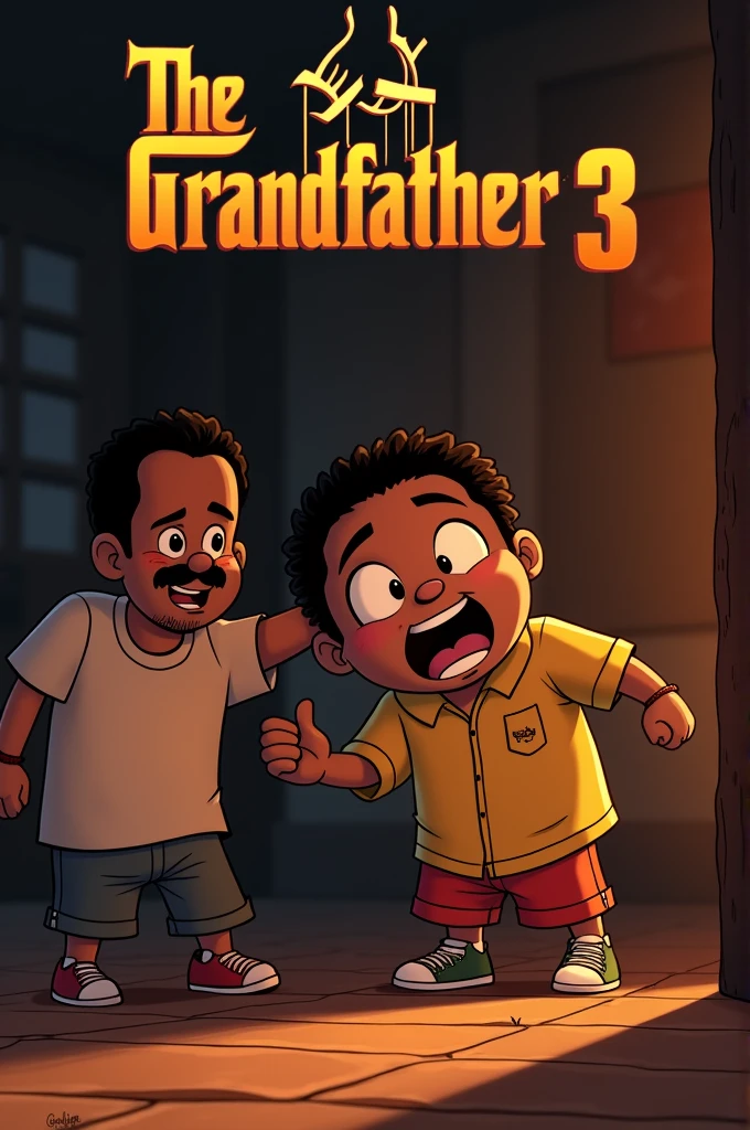Make an animated poster called "THE GRANDFATHER 3 :" The poster must have a logo. Disney and the title are on it. and in the poster there must be A fat black ??? was punching 4 unruly friends.