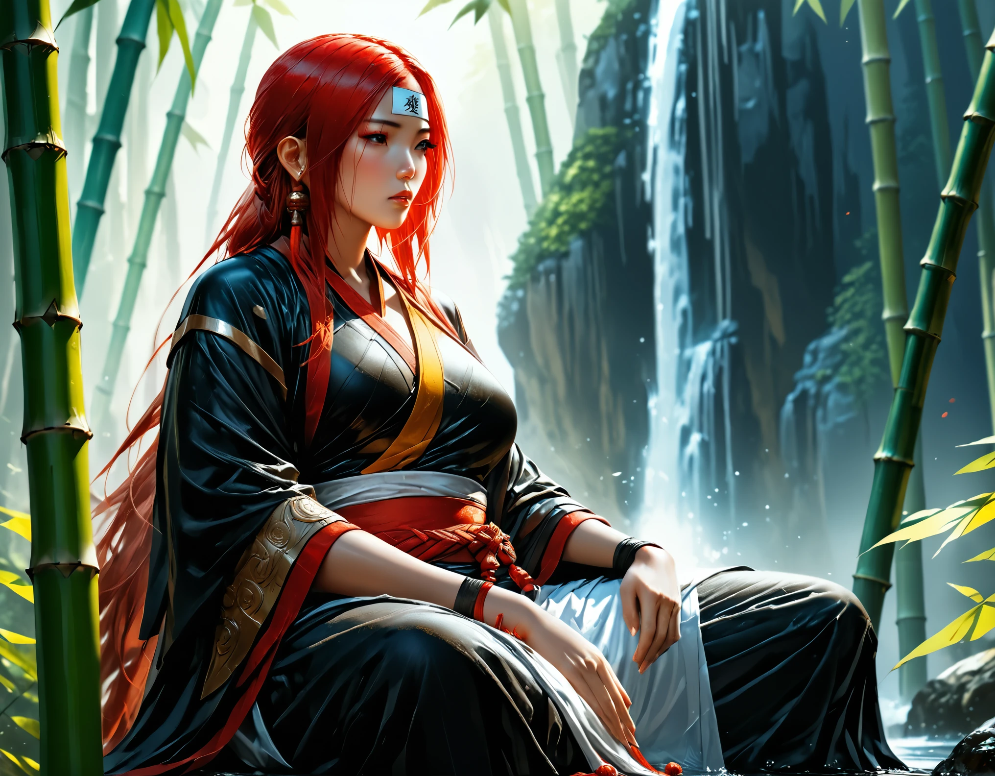 a picture of a (female monk: 1.2) sitting and meditating near a waterfall in a bamboo forest,  there is a human woman monk wearing monk garbs, (epic sized waterfall: 1.3), red hair, long hair, full body (best details, Masterpiece, best quality :1.5), ultra detailed face (best details, Masterpiece, best quality :1.5), ultra feminine (best details, Masterpiece, best quality :1.5), exquisite beautiful (best details, Masterpiece, best quality :1.5) red hair, long hair, wavy hair, pale skin, blue eyes, intense eyes, water coming down from a volcanic cliff, she is sitting in a rich epic bamboo forest, clear water in many hues of blue and azure, it is the dawn of day, between night and day, the sun is rising, a time of meditation and serenity, bamboo forest background, fantasy art, photorealistic, D&D art, ultra best realistic, best details, best quality, 16k, [ultra detailed], masterpiece, best quality, (extremely detailed), ultra wide shot, photorealism, depth of field, hyper realistic painting, Cinematic Hollywood Film