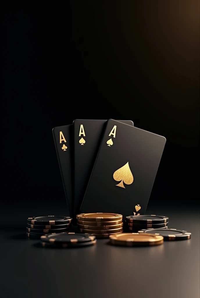 generate 8k images in pdf format for cell phone background of golden deck with black background mixed with gold But something simple with the deck cards in black and the symbols in gold but only with the 4 A's simple background in black half gray with poker chips in black with gold at the base of the cards as if the cards were on a table and the poker chips at the bottom of it with the top view of the cards