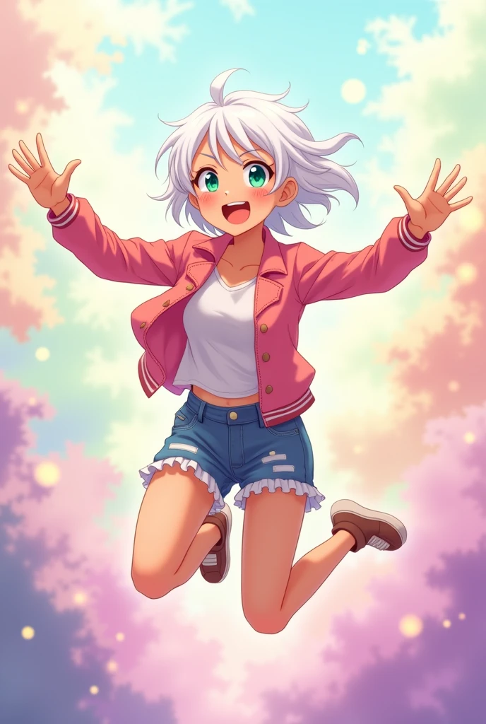 anime style, young adult woman, with the right eye blue and the left eye green, short white hair.
They are in a playful pose, lifting one leg as if they are jumping or dancing.
The character has their arms extended at their sides, with a happy and carefree facial expression. The mouth is open in a wide smile.