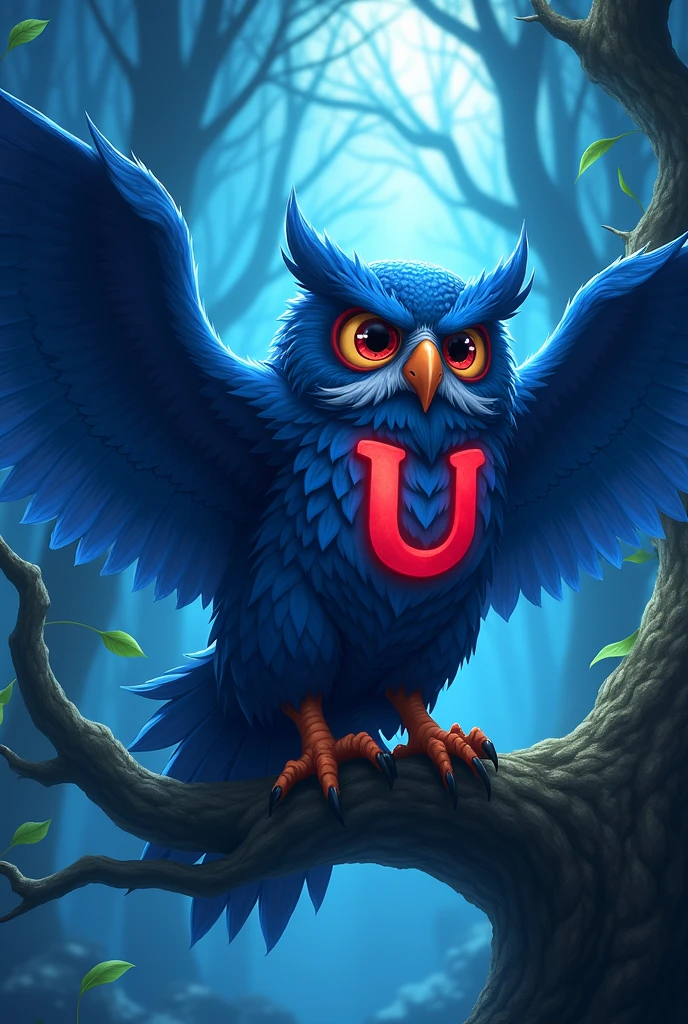 Owl, anime style, The color blue, with a big U on its chest, red in color, muscular, screaming goooooool
