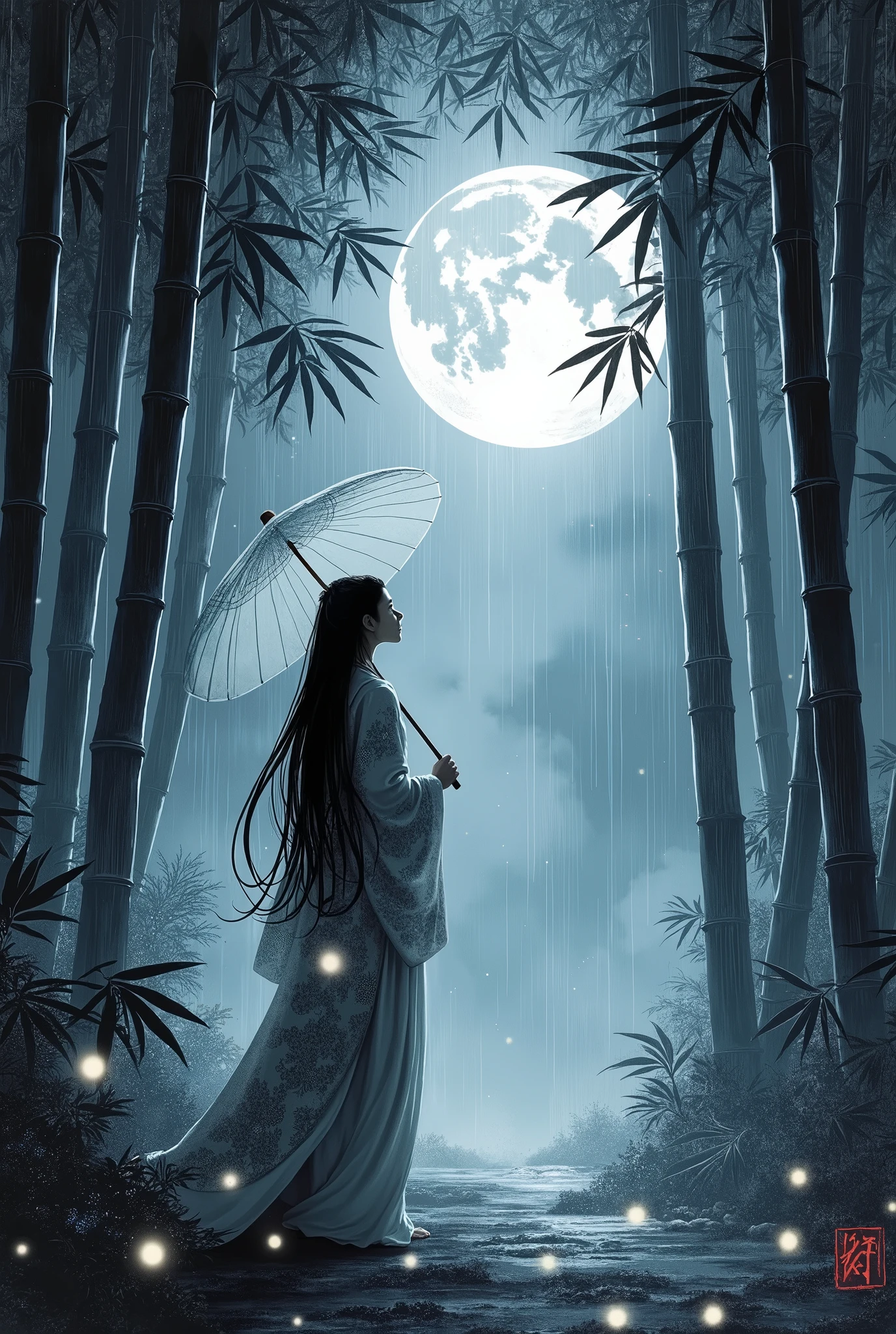 dynamic ink painting of a bamboo grove, black and white,monochrome, great art, great sense of depth, ground level shot, the most beautiful bamboo grove in the world, bamboo leaves shining through rainwater, moon\(pale blue\) with a light overcast, beautiful woman\(ancient Japanese noble, beautiful kimono, beautiful long black hair\) looking up at the moon holding an umbrella, fireflies flying around, bamboo leaves are placed three-dimensionally in the foreground, long shot