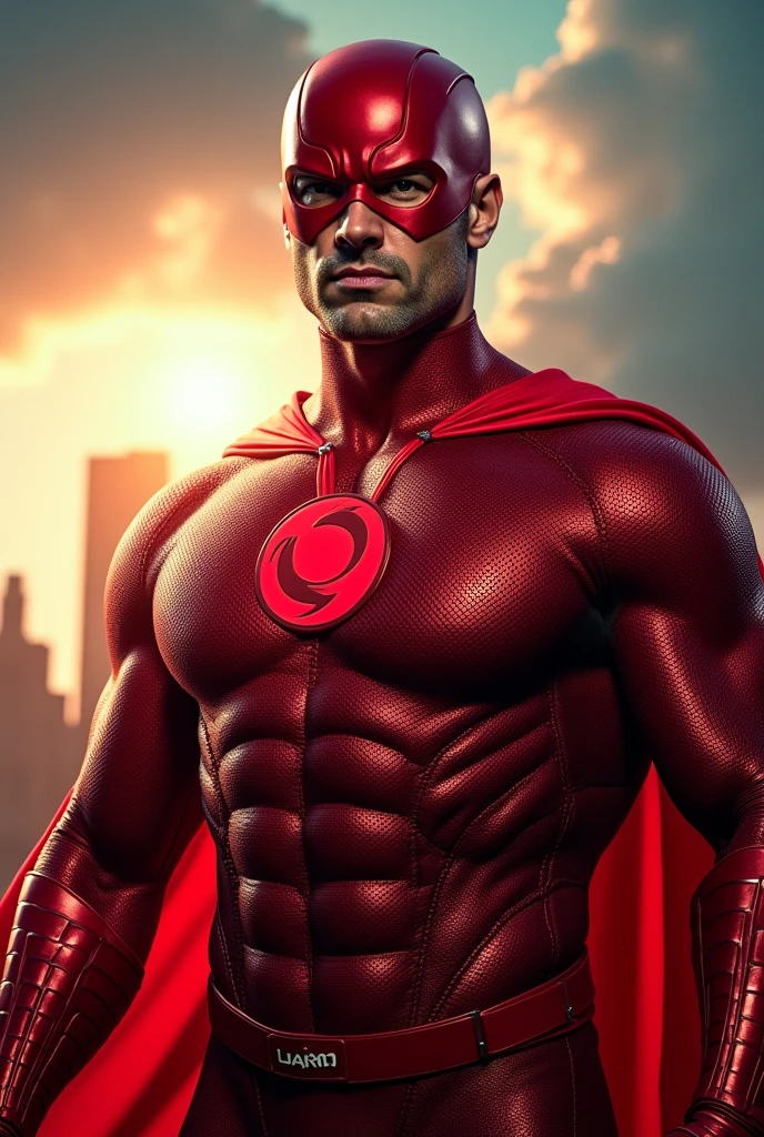 a man wearing a red superhero costume,. Red helmet highly detailed, dynamic pose, high quality, photorealistic, intricate costume design, musculature, strong lighting, cinematic angle, dramatic shadows, vibrant colors, comic book style. Circle logo on chest. Liard logo on chest.