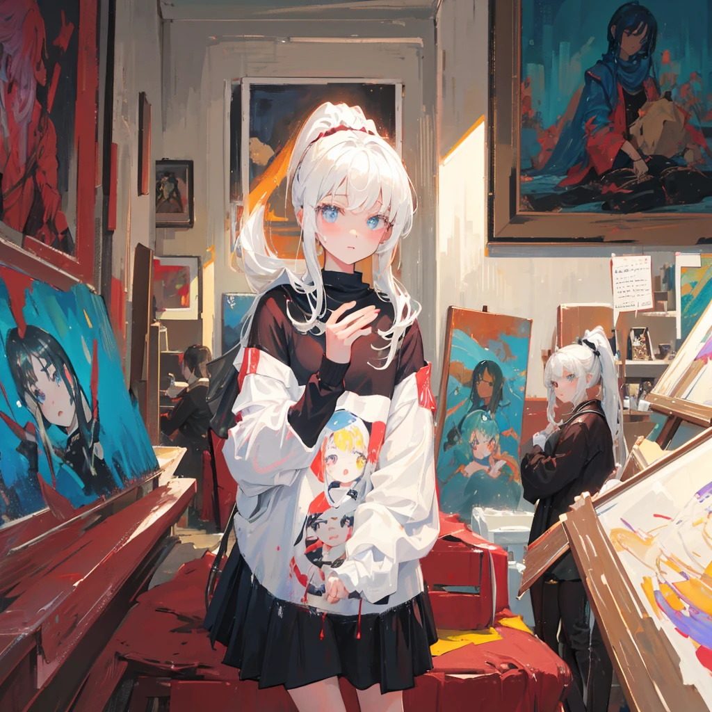 In the center of the screen is a painting.,The painting depicts a girl with a white high ponytail.、A girl in a red sweatshirt,Her pupils are grayish-white,Outside the painting, a girl identical to the one in the painting is admiring it.