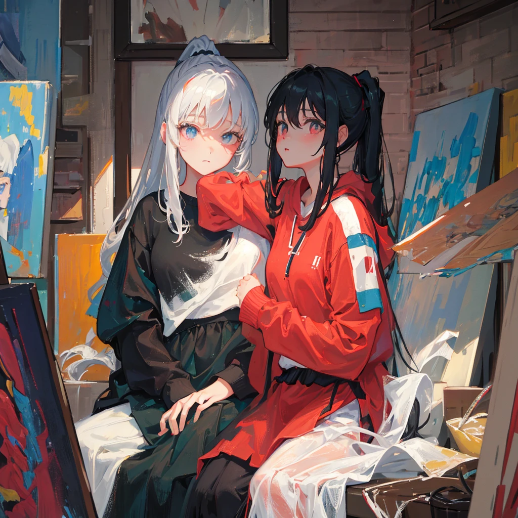 In the center of the screen is a painting.,The painting depicts a girl with a white high ponytail.、A girl in a red sweatshirt,Her pupils are grayish-white,Outside the painting, a girl identical to the one in the painting is admiring it.