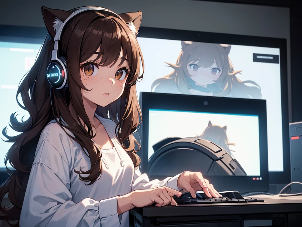 ((masterpiece,High resolution,8K quality,highest quality)), only 1 female,((highly detailed face)), delicate dark brown eyes, long dark brown curly hair, with freckles, wearing white gaming headphones that have cat ears, wearing a black dress, in front of a computer in a dark bedroom where the display shines in the absence of light, look back here