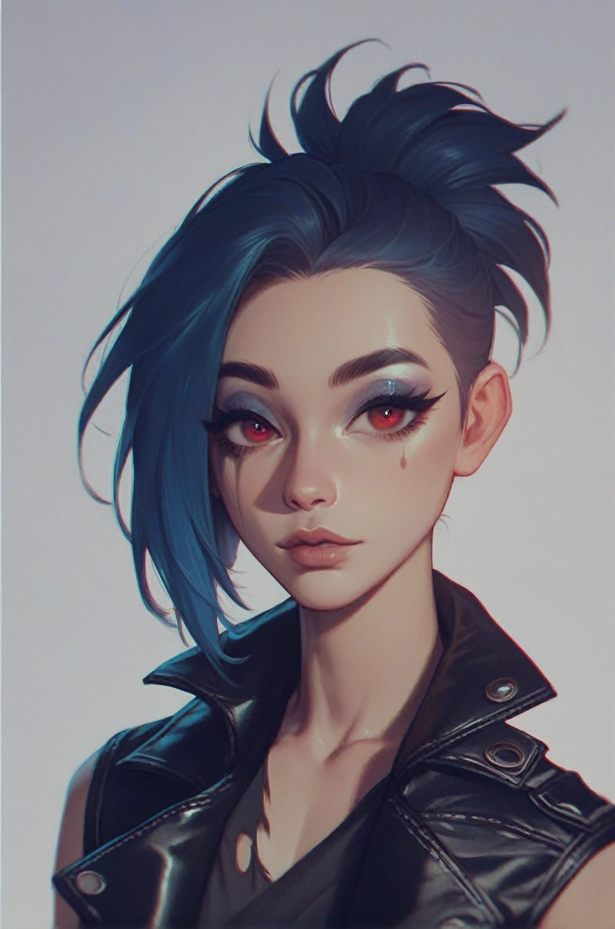 A girl, Cute face, Arrogant expression, Lift your chin, Bob, Asymmetrical hair, light makeup, Eyeshadow, Red Eyes, Thick eyelashes, Long eyelashes, Vest, leather jacket, Perfect slim figure, upper body, Looking at the audience, torn tones Fraction_9, Fraction_8_Direction_7_up