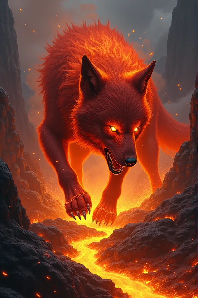 Angry chained fire wolf