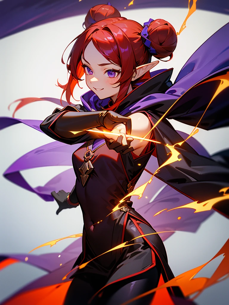 a girl,Elf,Magician,martial artist,15 years old,long red hair,long twintails,bun tou,Chinese style,Slim figure,Bright smile,((Deep purple cloak)),Sleeveless high-necked top,black leggings,Magic gloves,flame,Elemental magic rendering,Super details,Upper Body,movie lighting effects,best picture