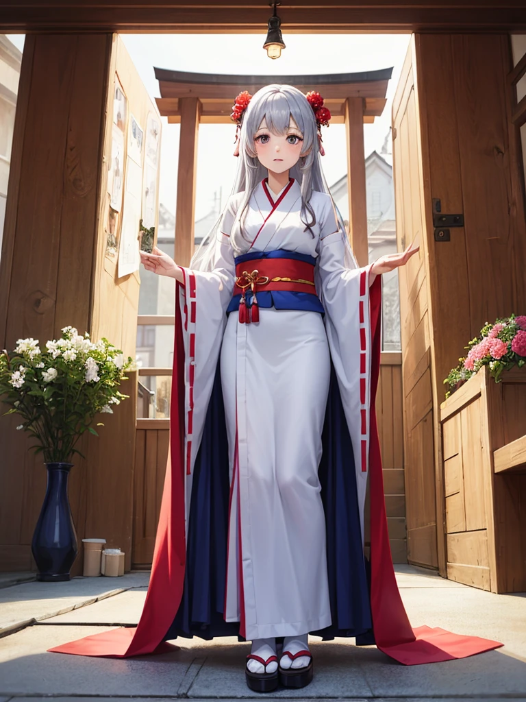 High definition、anime、pastel、watercolor、A pure girl dressed in a shrine maiden's outfit、Flowers sprout from beneath your feet、１８age、Halfred with long silver hair、Full body portrait、I can&#39;t see my feet、Do not show thighs、Wearing clogs、A long, flowing miko outfit、Large eyes like opals、Powerful eyes、Dance dedicated to the gods