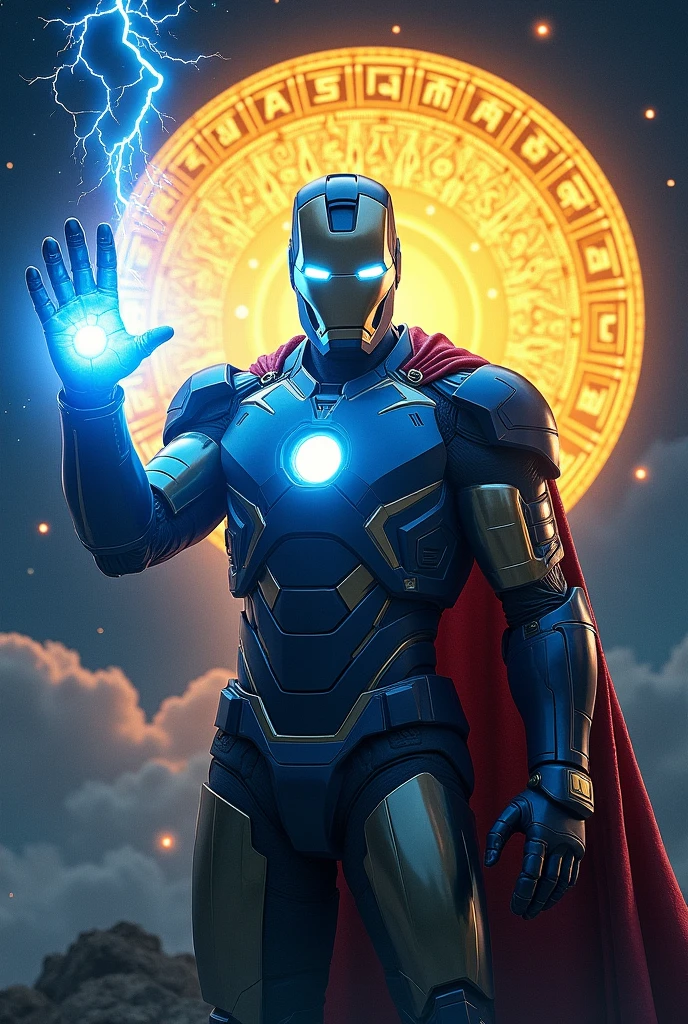 Combined super hero, with iron man, thor,dr strange,
Helmet on , armor only, space background,blue lightning in right hand, , no cape collar, yellow spell circular design with sanskrit writing behind like in movies
Helmet design like mark 50 iron man armor