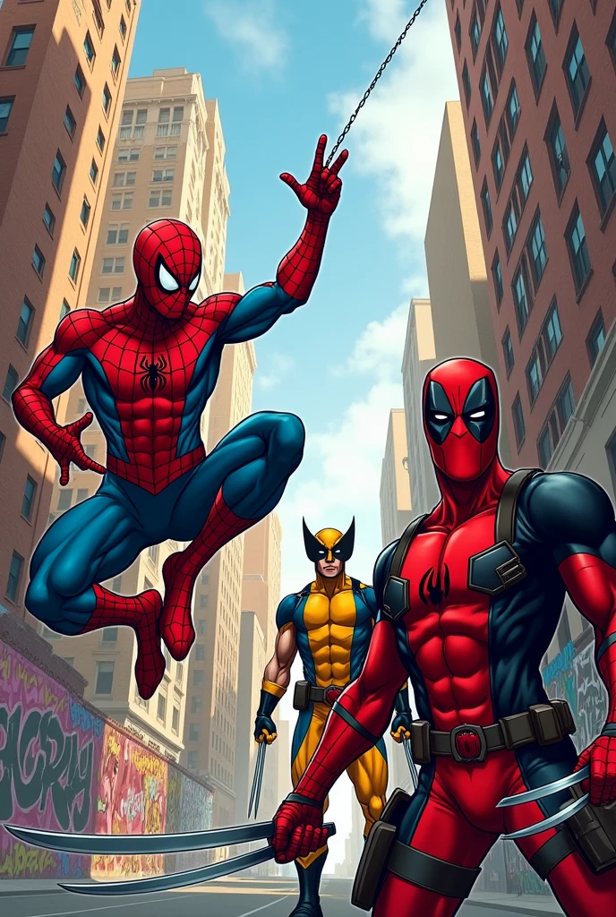 Spiderman , Wolverine and Deadpool in the style of Marvel Comics. But well detailed as if Stan Lee had drawn them.