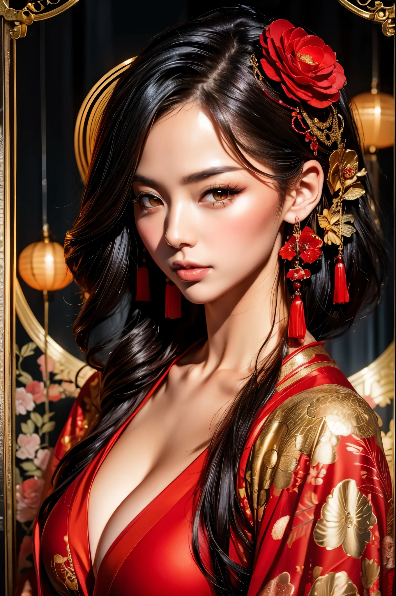 black widow in a sexy revealing golden red kimono dress with a gold halo, japanese goddess, chie yoshii, elegant japanese woman, revealing look, portrait of a beautiful geisha, intricate sexy geisha kimono, japanese art style