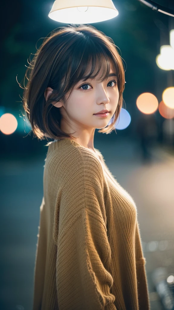 (Highest quality、masterpiece:1.3、High resolution、)、(Very detailed、Caustics)、(Photorealistic:1.4、RAW shooting)Ultra-Realistic Capture、Very detailed、人間の肌に適したHigh resolution16K、Natural skin texture、、Even skin tone and healthy looking、Use natural light and colors、One Woman、Japanese、cute、Brown Hair、Mid-length hair、(Depth of Note Realm、chromatic aberration、、Wide-area lighting、Natural Shading、)、(Outdoor lighting at night:1.4)、(Hair swaying in the wind:1)、Short Hair、Edge flicked outwards