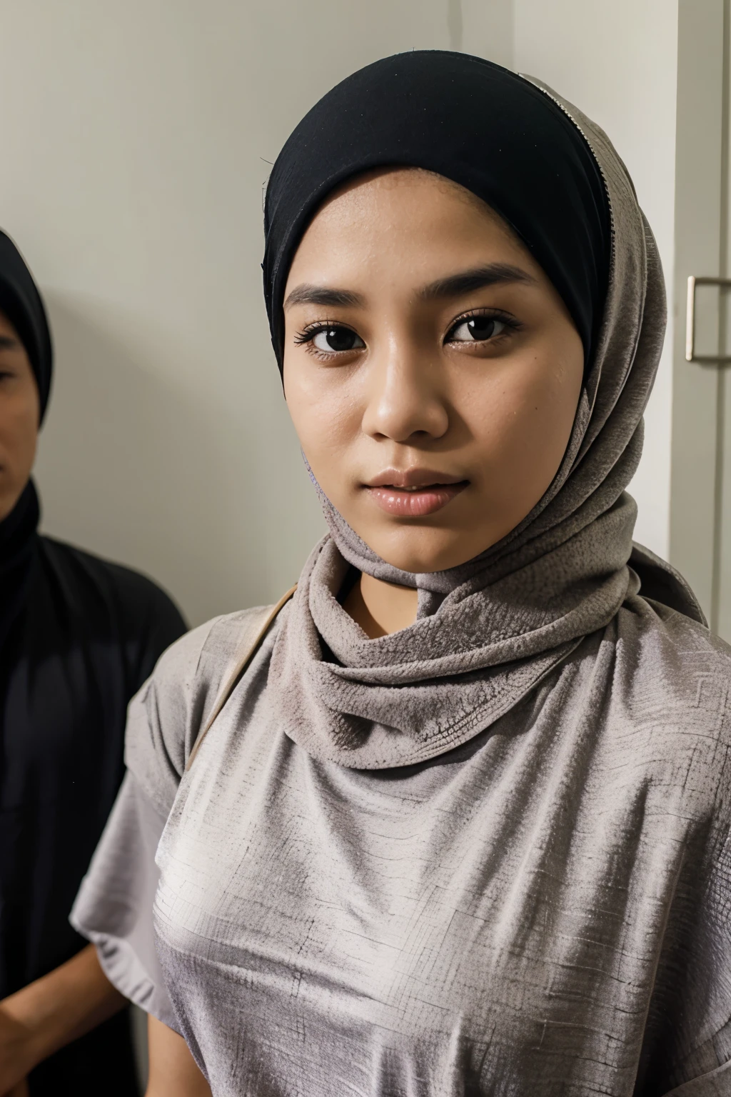 photo of an Indonesian hijab woman wearing a towel with a age boy