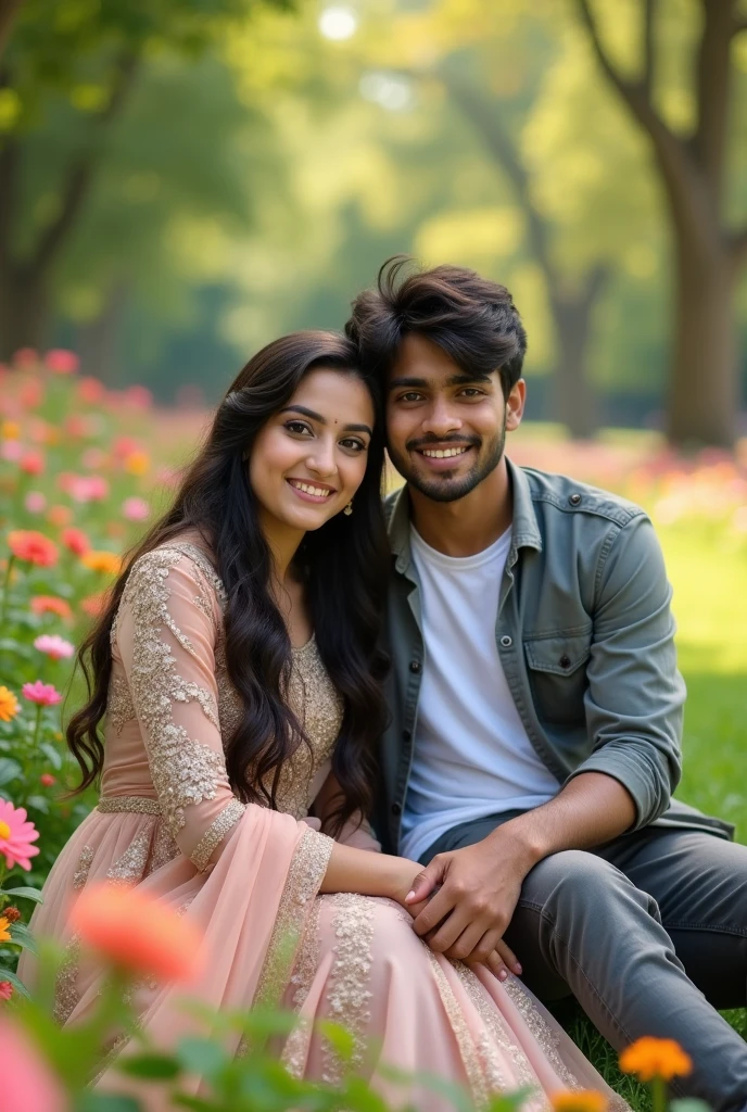 A 19-year-old Arabian beautiful girl wearing a indian design suit is sitting on the lap of a 17-year-old hansome Indian boy in a park, who is wearing a grey shirt and white t-shirt inner, his thick black long hair falling over his eyes, both are looking straight at the camera. Beautiful scenery all around