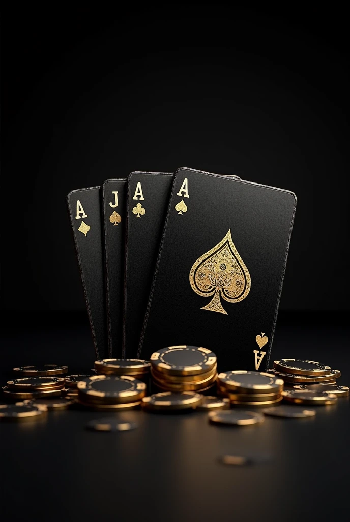 I need images in 8k resolution in PDF format for a mobile phone background of a golden deck of cards with a black background mixed with gold.
But something simple with the cards of the deck in black and the symbols in gold, but only with the 4 Aces.
Simple background in black, almost gray, with poker chips in black with gold at the base of the cards as if the cards were on a table and the poker chips at the bottom of it, with a top view of the cards. Do this with the 4 Aces.