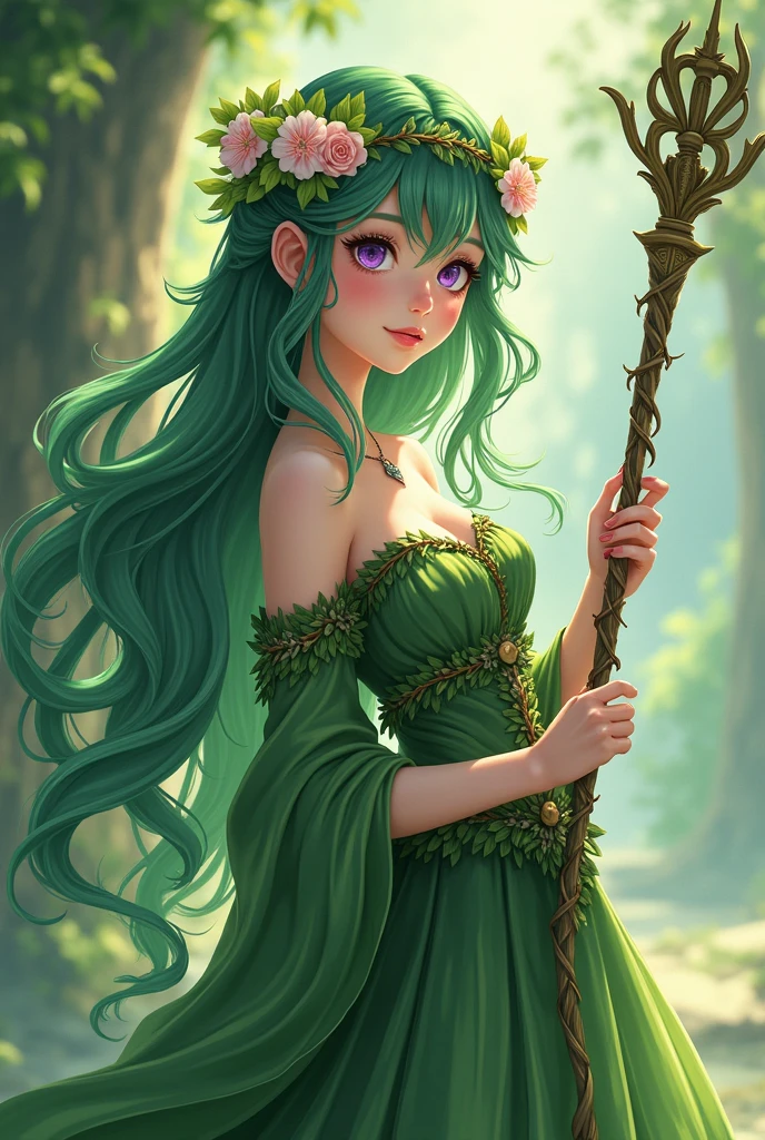 "4K anime style quality, digital drawing mode, European folklore-themed anime female character, long flowing emerald hair with delicate flowers, gentle violet eyes, wearing a gown made of leaves and petals, holding a staff of thorns, Blur the background to create a three-dimensional effect, atmosphere, standing in an enchanted kingdom uniting fairy factions, radiant skin, flowing hair, glossy lips, regal eyes, full body, dynamic pose, life size, perfect anatomy, detailed skin texture, full HD, 4K, HDR, perfect anatomy, depth of field."