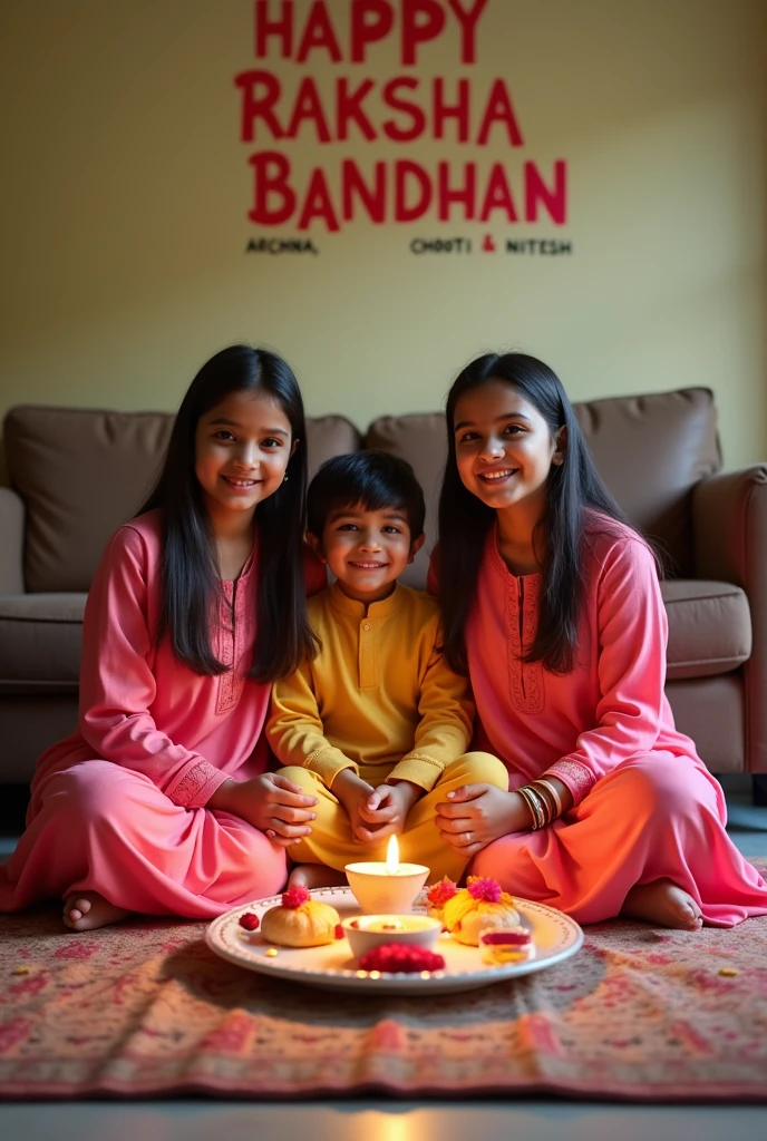 Two young sisters, ages 20 and 22, are celebrating Raksha Bandhan with their 25-year-old brother. The girls wear matching pink salwar kameez outfits, while the boy is in a yellow kurta. They're sitting cross-legged on a patterned rug in their living room. A plate with rakhis, sweets, and a small diya lamp is in front of them. On the wall behind them, "HAPPY RAKSHA BANDHAN" is painted in colorful letters, with "Archna, chooti & Nitesh" written underneath. 4k image, warm indoor lights.