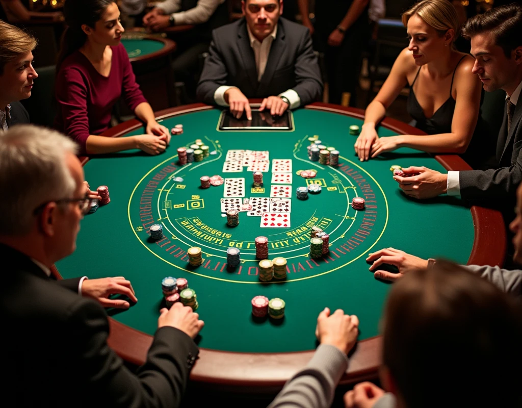 Bird's eye view of a baccarat table full of cards, lots of chips, players around placing bets confidently, and a tablet in the middle of the table. The screen shows the baccarat game. Real image, far view, high definition image.