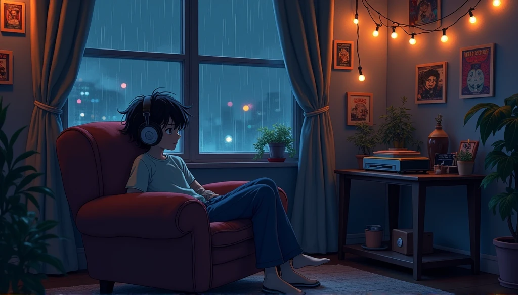 Rainy night、Listen to music in a cozy room, Use headphones, 2D Style Anime, Lo-Fi, hard disk, Dark Environment