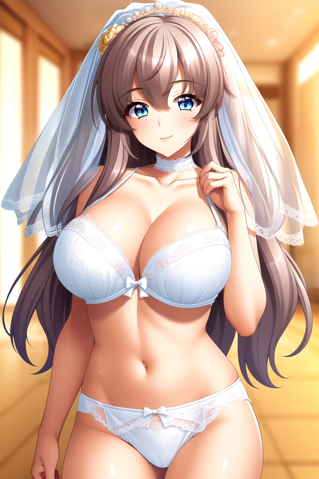 bride, veil, white bra, White lace,white panty, 1 girl,20 years old, Young women,Fair Finger,Fair long legs,Fair Body,Fair Nose,Fair character design, Perfect eyes, perfect Face,Expressive eyes, Looking at the audience,(lead_Body),(Focus on her Face), Official Art,Extremely detailed CG unity 8K wallpaper, Perfect Lighting,rich and colorful, bright_front_Face_Light,Light skin, (masterpiece:1.0),(the best_quality:1.0), Ultra-high resolution,4K,Very detailed, photography, 8K, Human Development Report, high resolution, absurd:1.2, Kodak Portrait 400, Film Grain, Blurred background, Bokeh:1.2, Halation, (Full of energy_color:1.2) (Fair,Target_Chest:1.3), (Fair_Face:1.5),(narrow_waist)Smile,