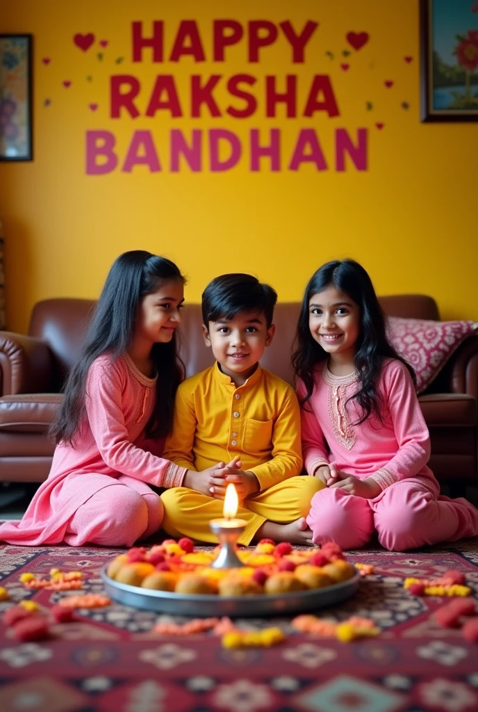Two young sisters, ages 20 and 22, are celebrating Raksha Bandhan with their 25-year-old brother. The girls wear matching pink salwar kameez outfits, while the boy is in a yellow kurta. They're sitting cross-legged on a patterned rug in their living room. A plate with rakhis, sweets, and a small diya lamp is in front of them. On the wall behind them, "HAPPY RAKSHA BANDHAN" is painted in colorful letters, with "Archna, chooti & Nitesh" written underneath. 4k image, warm indoor lights. Printed name tishirt per