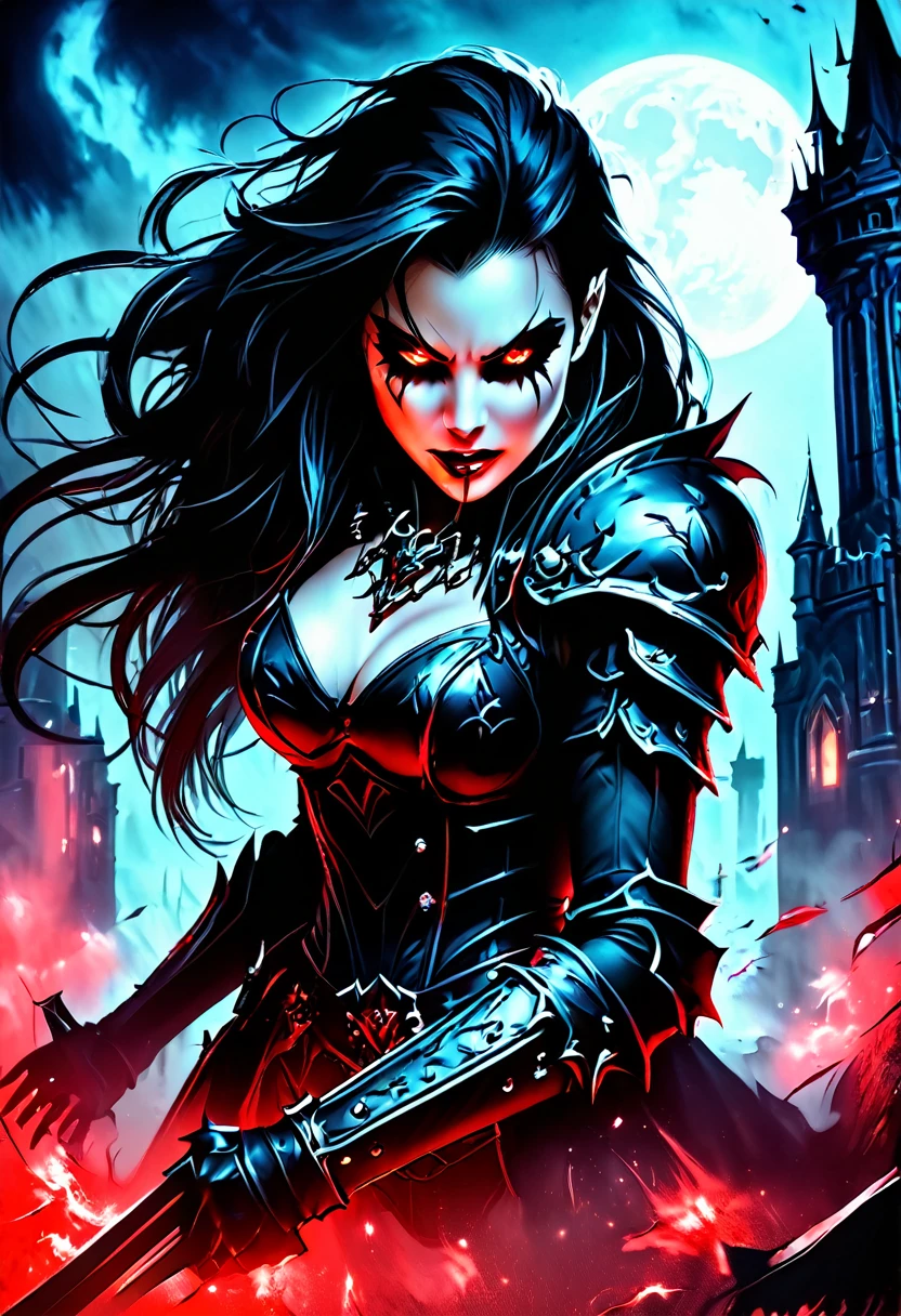 A dark and intense scene inspired by the Underworld movie franchise, featuring a fierce female vampire covered in blood, in the midst of a brutal battle between vampires and werewolves. The vampire, dressed in torn black leather armor, has a predatory gaze with glowing red eyes. Blood splatters her face and clothes, emphasizing the ferocity of the fight. Around her, vampires and werewolves clash violently, with claws, fangs, and weapons flashing in the moonlit night. The background is a shadowy, gothic cityscape, with the full moon casting an eerie light over the chaotic and savage battlefield.
