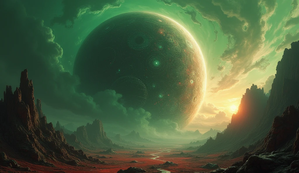 best quality, masterpiece, a painting of a giant Dyson sphere in the of a green and red sky, concept art, science fiction gothic art, acid bleeding deep colors, no gradients, inspired by Marc Simonetti, krenzcushart, mysterious, eerie atmosphere, dark fantasy art, scary color art, Grisaille, wallpaper, devouring a planet, dark atmosphere illustration, uhd 4 k, fractal landscape, (no humans:1.3), painted in high resolution, colorful
ptm0 John Harris Style page