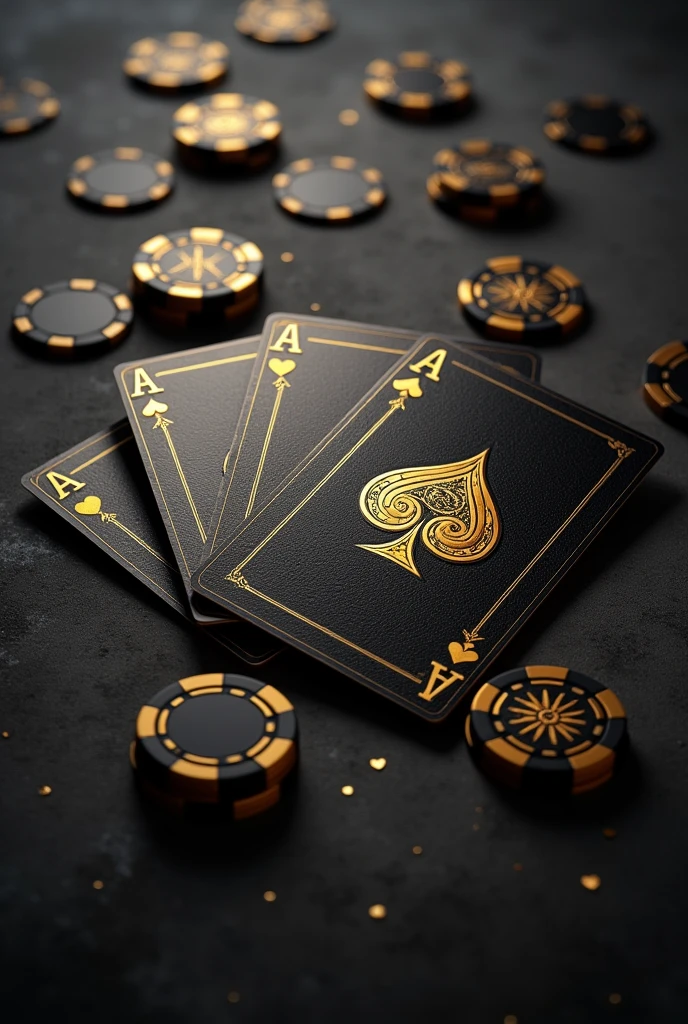 I need images in 8k resolution in PDF format for a mobile phone background of a golden deck of cards with a black background mixed with gold.
But something simple with the cards of the deck in black and the symbols in gold, but only with the 4 Aces.
Simple background in black, almost gray, with poker chips in black with gold at the base of the cards as if the cards were on a table and the poker chips at the bottom of it, with a top view of the cards. Do this with the 4 Aces.